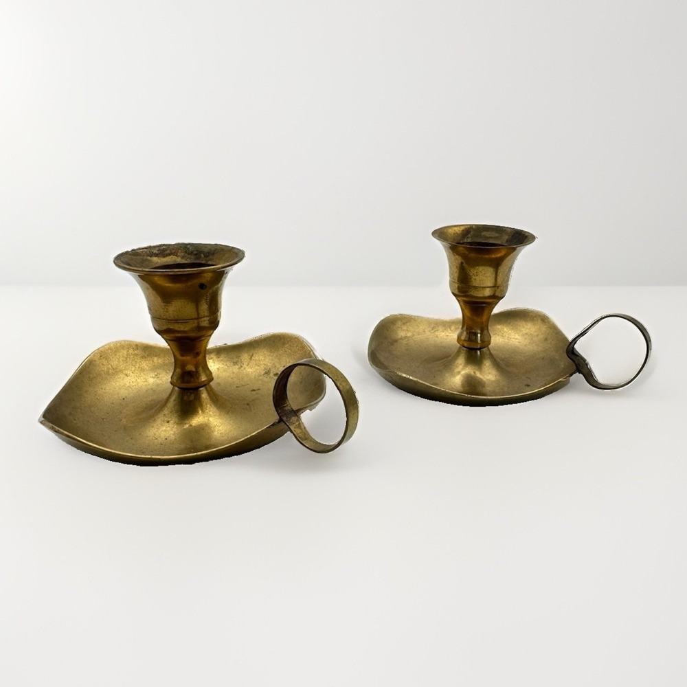 Pair Of Vintage Brass Chamberstick Candle Holders Finger Loop Curved Drip Trays